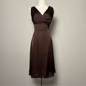 Chocolate Brown Satin Midi Dress • Size XS Empire Waist Fully Lined Minimal Glam